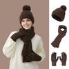 3Pcs/Set Winter Hat Scarf Gloves Set Solid Color Windproof Plush Ball Hat Neck Warmer Touch Screen Gloves Set