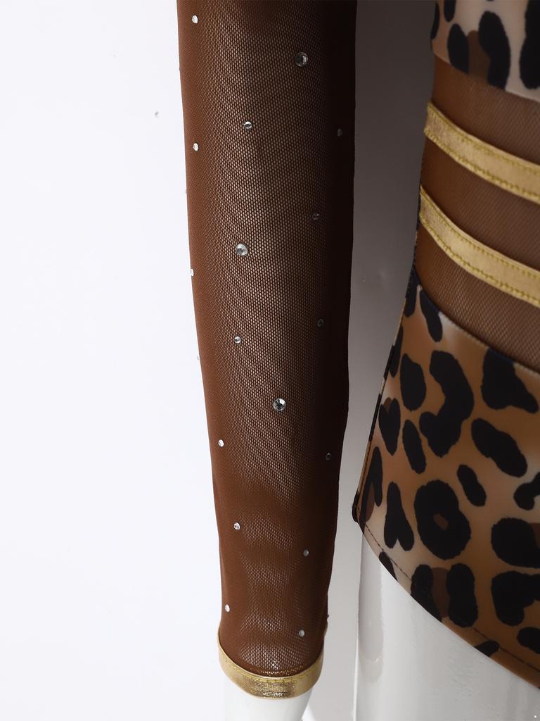 Kids Girls Leopard Printed Gymnastics Ballet Leotards Dance Performance Costume Rhinestones Caveman Jumpsuit with Oversleeve