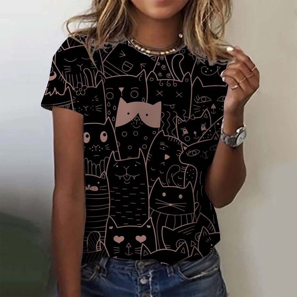 Women Cute Cat Flower Graphic Print Casual Short Sleeve Summer Street Fashion Tops Outdoor