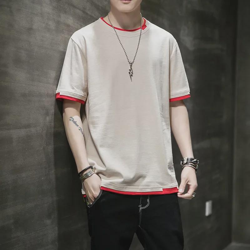 Men's Short-Sleeve Two-Piece Look Cotton T-Shirt, Loose & Breathable Hong Kong Style, Comfortable Spring/Summer Casual Innerwear Trend