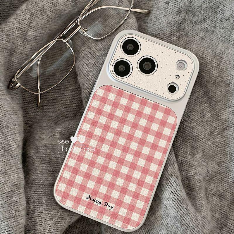 

Plaid Dot Leather Texture Soft Case for Apple iPhone 17 Pro Max, 16, 15 Pro, 14, 13 Pro - Cute Design with Large Window Apple 15 Plus