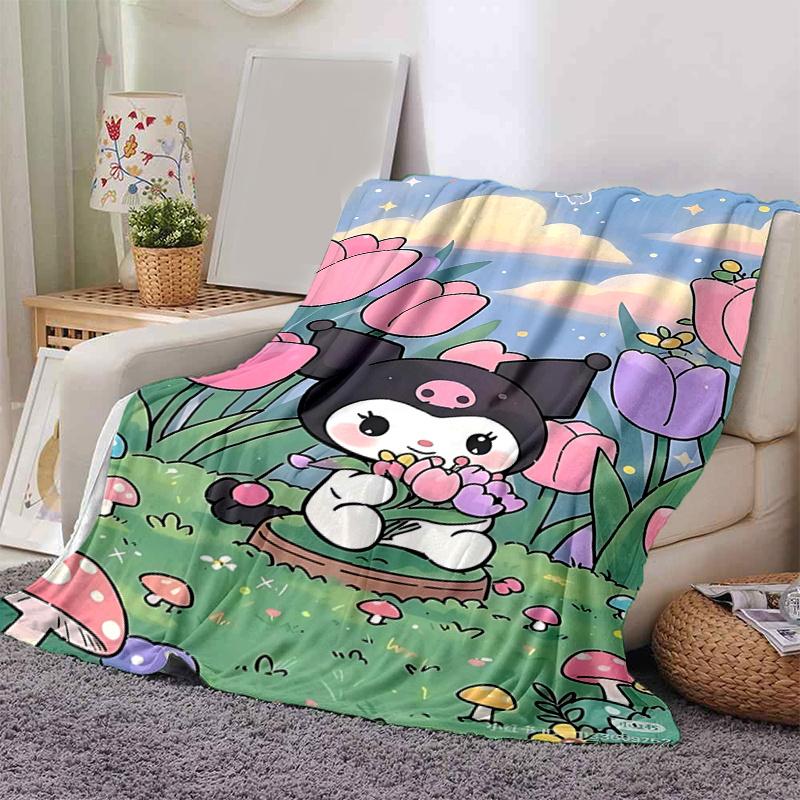 1pc Floral Adventure Kuromi Blanket, Soft Throw for Room Decor, Perfect Gift for Family and Friend, Living Room, Travel, Camping, Car Blankets, Beach,