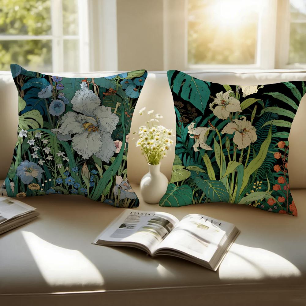 Floral illustration Cushion Cover Pillowcase Antidustmite Invisible Zipper Short Plush Sofa Cushion
