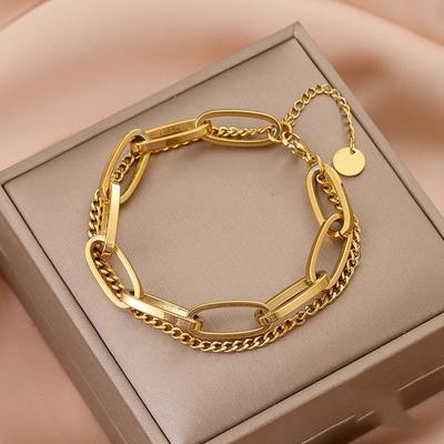 Bracciale rigido con catena a maglie in acciaio inossidabile a doppio strato di moda per donna, gioielli con bracciale in oro squisito