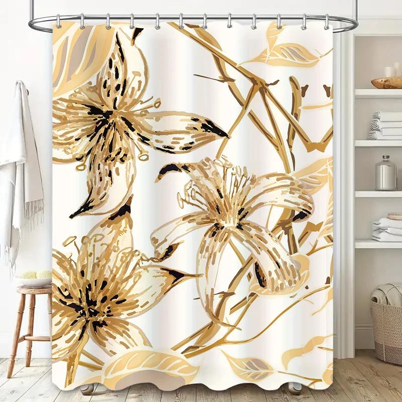 Luxury Floral Shower Curtain Modern Golden Bathroom Decor for Home Living Room Kitchen Waterproof Fabric in Various Sizes Availa