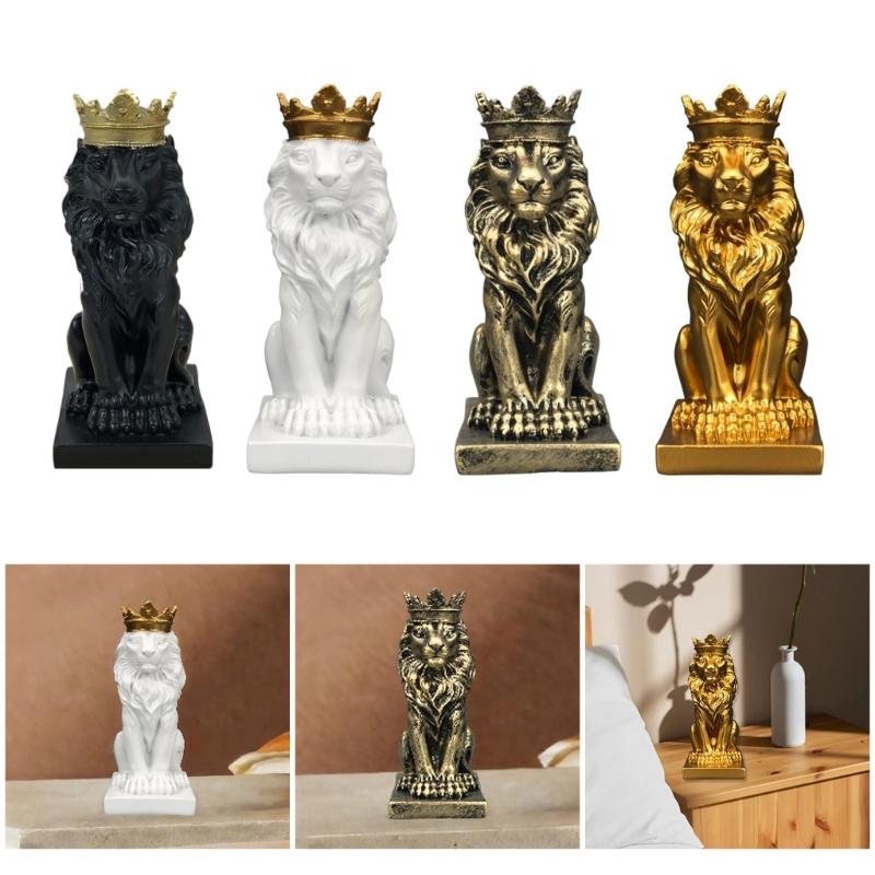 Lion Crowned Statue Table Decoration Handmade Desk Resin Ornament 14.5cm Tall for Wine Cabinet and Home Decoration