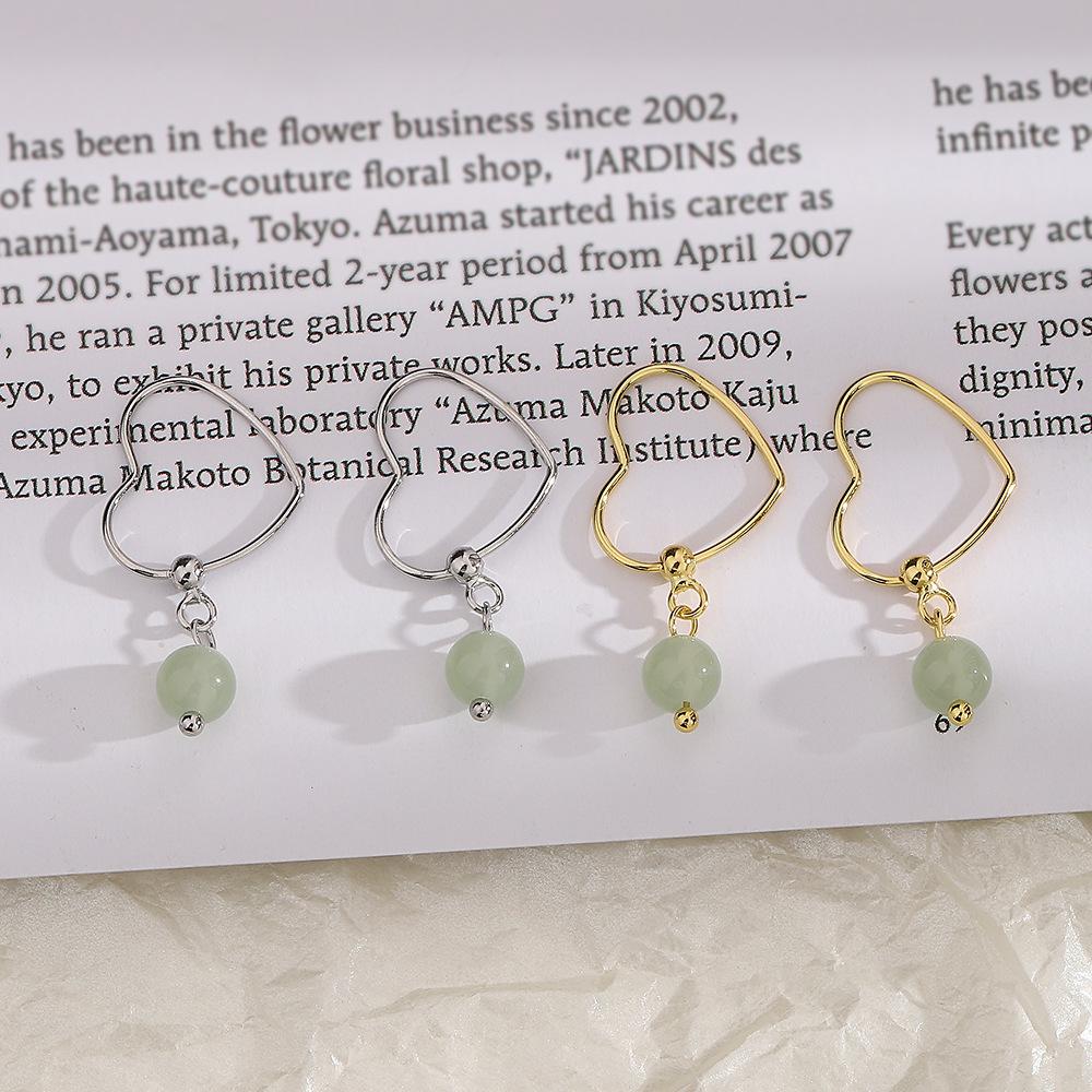 Hollow Heart-Shaped Hetian Jade Ear Buckle Transfer Round Bead Love Earrings Minimalist Style Jasper Bead Earrings Female