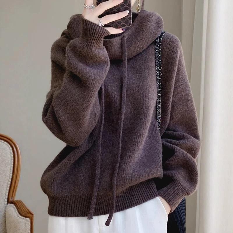 Pile neck sweater women's 2026 winter new solid color loose thick knitted sweater top trendy bottoming shirt women's autumn and winter