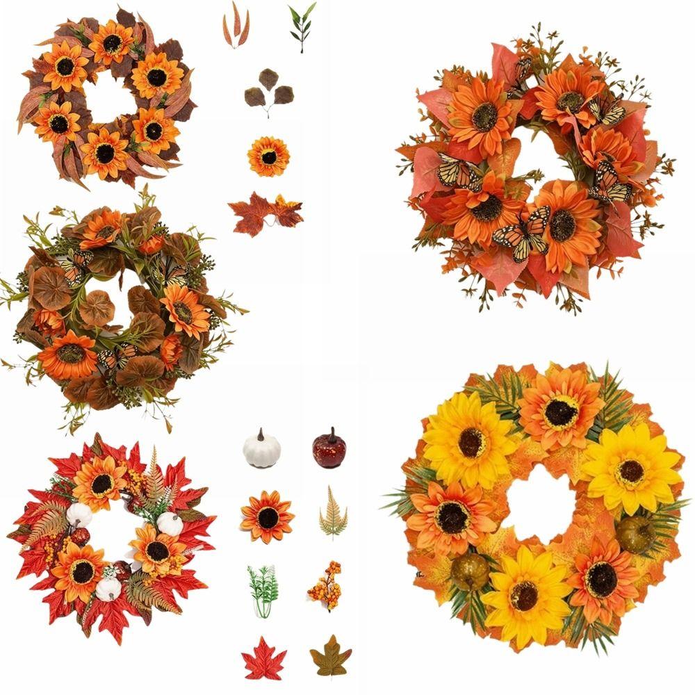 Simulated Floral Pumpkin Maple Leaf Wreath Thanksgiving Home Decor Artificial Sunflower Wreath Wall Hanging Rustic Style