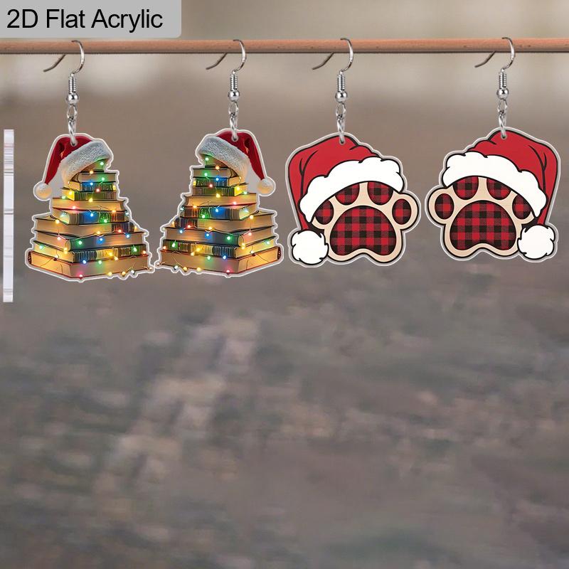 2D Flat 2pairs Y2K Christmas Hat Dog Paw Acrylic Dangle Earrings, Perfect Gift for Women, Christmas Party Jewelry