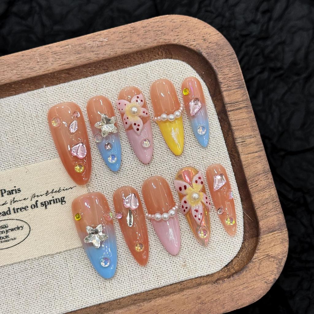 10Pcs French Almond Press On Nails 3D Flower Star Rhinestone Pearl Design Summer Handmade Fake Nails