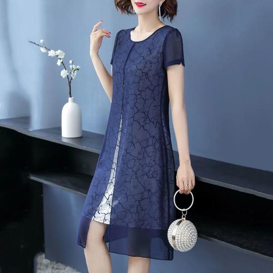 Women Mesh Fake Two Piece Dress Casual Short Sleeve Crewneck Midi Dress Formal Mother of The Bride Dress
