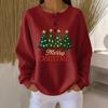 Women Christmas Tree Print Round Neck Henley Long Sleeve Waffle Knit Top