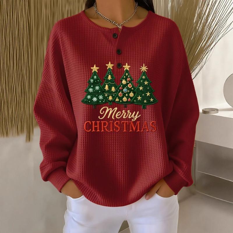 Women Christmas Tree Print Round Neck Henley Long Sleeve Waffle Knit Top