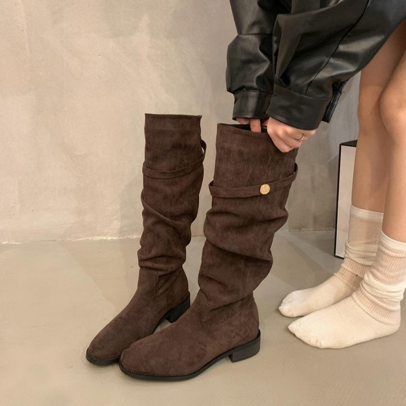 French thick heel apricot suede piled boots women's shoes 2025 new spring and autumn winter versatile thin long boots