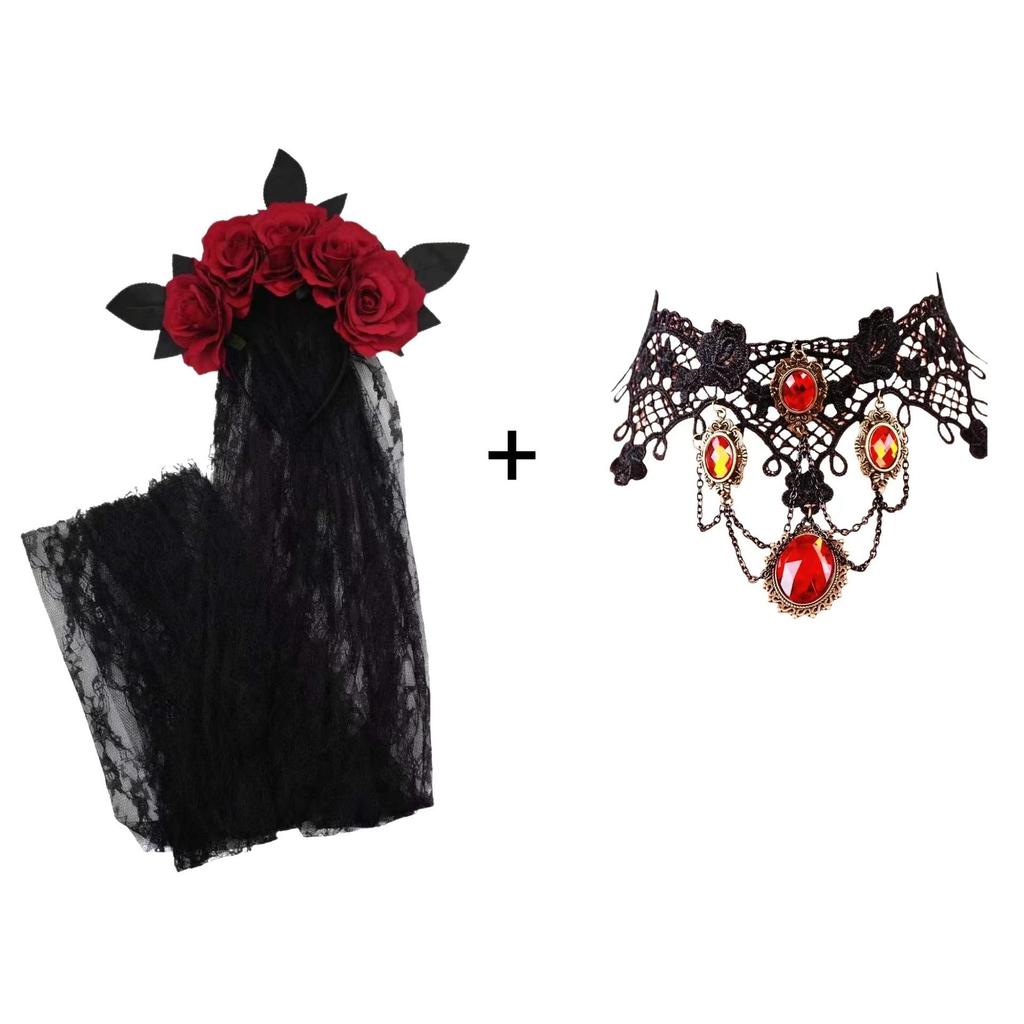 Halloween Headband Wreath Simulated Rose Flower Headband Lace Veil Bridal Party Headband Headband