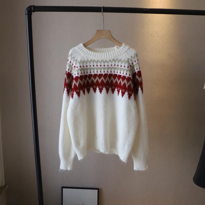 

[Би Чжэн] Женский свитер с жаккардовым узором Fair Isle, с круглым вырезом, зима 2024, стиль 3087 One Size абрикосовый