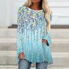 Plus Size Women Spring Floral Printed Comfy Long Sleeve Round Collar T-shirt Casual Baggy Mid Length Tee Tops