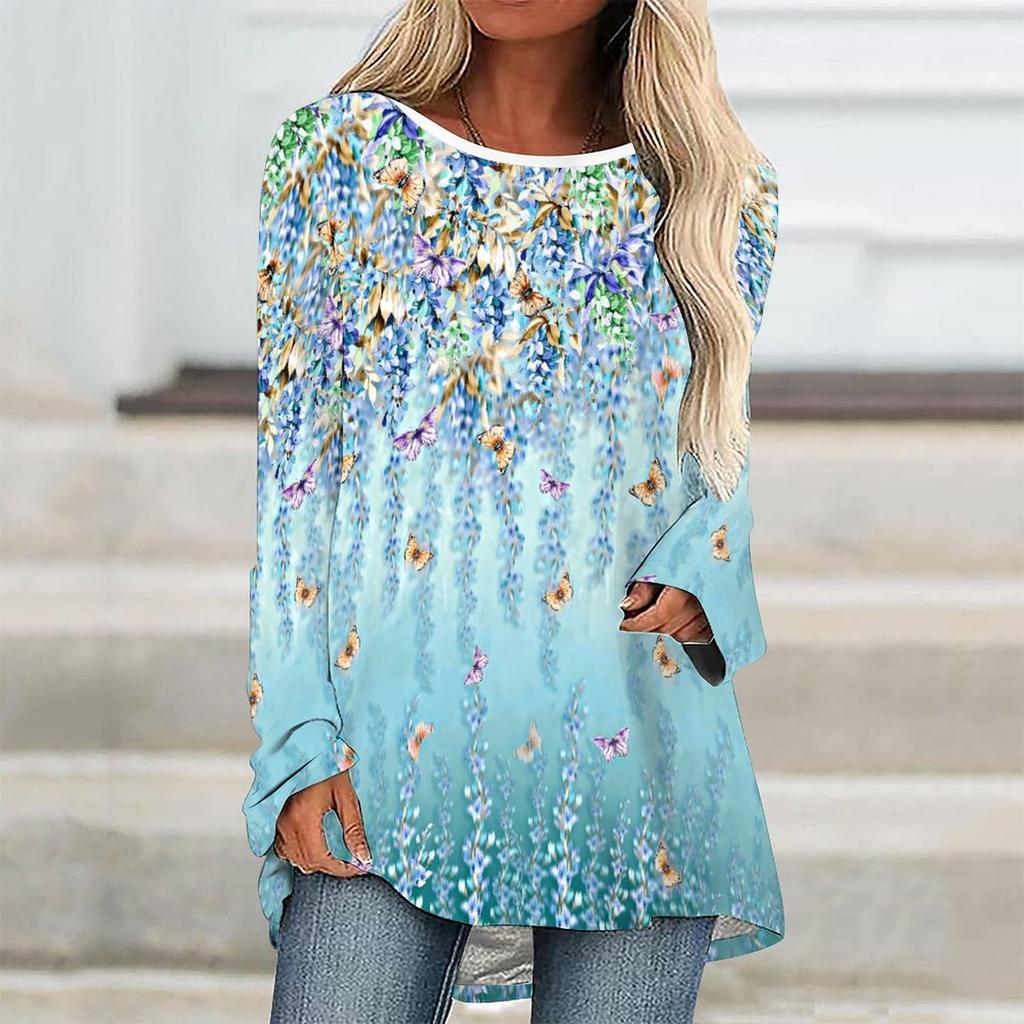 Plus Size Women Spring Floral Printed Comfy Long Sleeve Round Collar T-shirt Casual Baggy Mid Length Tee Tops