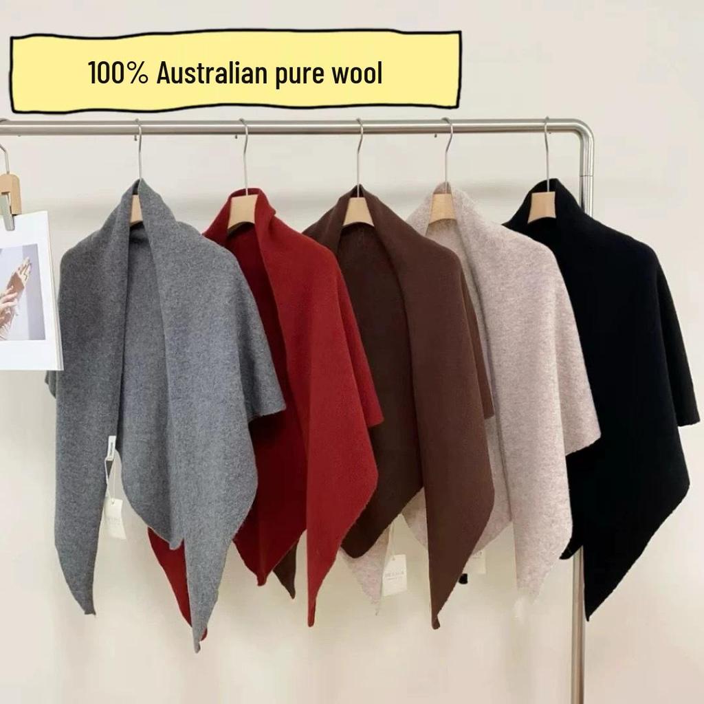Women's 100% Wool Knit Triangular Scarf - Large Shawl for Autumn/Winter, Warm Outerwear, Neck Protector