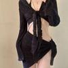Korean 2024 Black Chain Push-Up Bikini Set & Cover-Up Skirt for Women