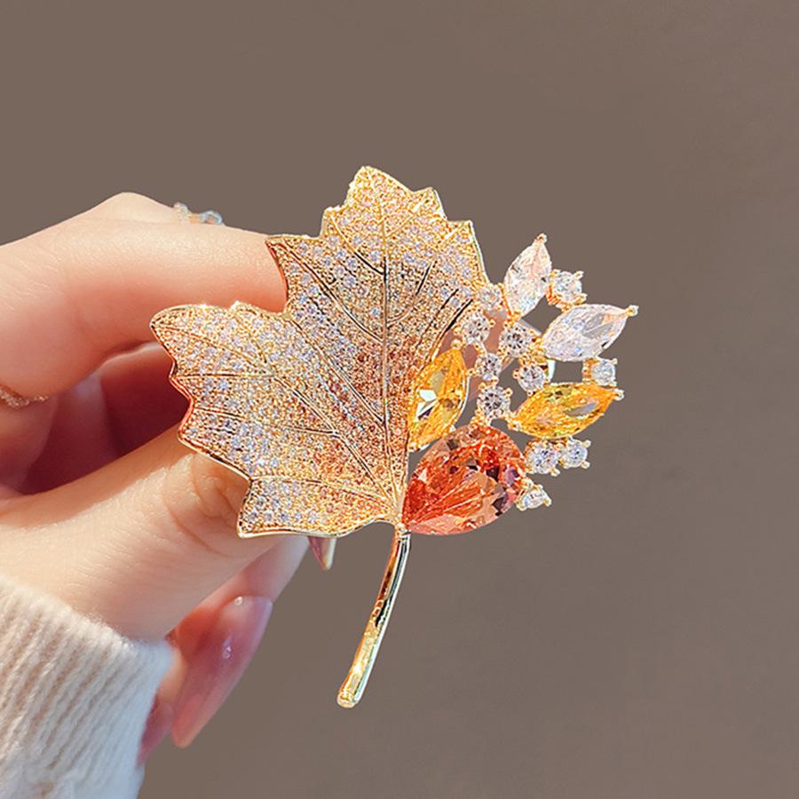 Luxury Rhinestone Maple Leaf Brooch for Women - Autumn/Winter Exquisite Pin for Suits and Collars