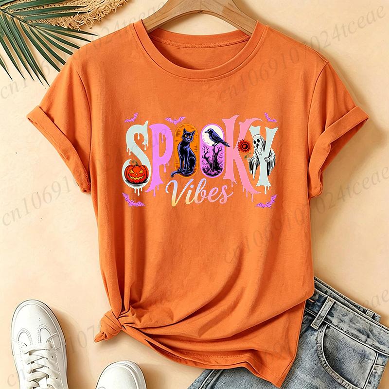 Unisex Spooky Vibes Halloween T Shirt Pumpkin Black Cat Ghost Crow Bat Graphic Tee Retro Fall Short Sleeve Tops for Women Men