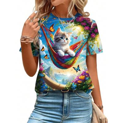 Women's Summer Casual Cat & Butterfly Print Round Neck Short Sleeve T-Shirt