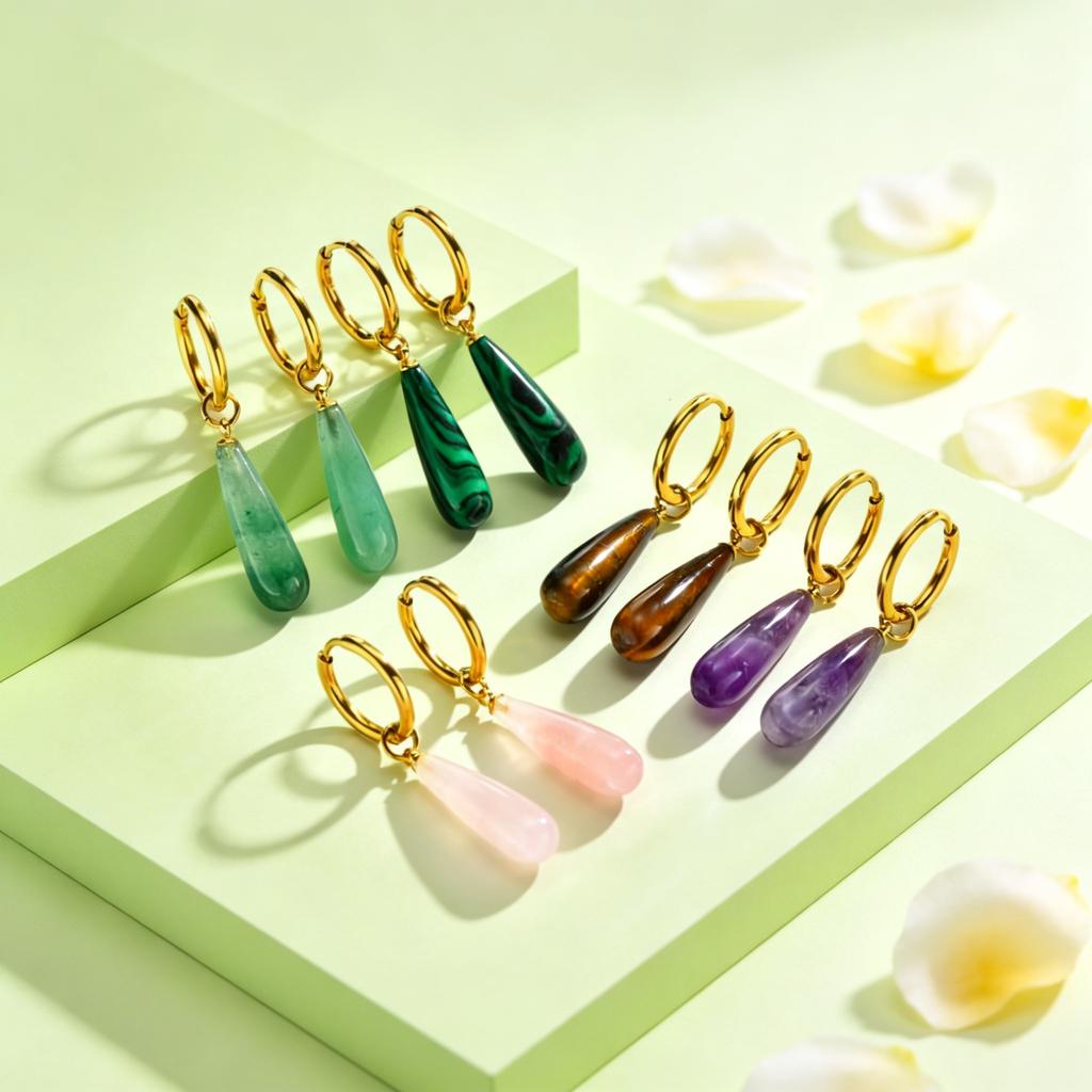 Multicoloured Natural Amethyst Pendant Hoop Earrings Women's Stainless Steel Teardrop Earrings Jewelry Gift Vintage Jewelry Gift