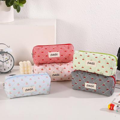 New Plaid Cherry Printing Pencil Case Large Capacity Zipper Design Pen Bag Multi-functional Stationery Organizer School Office