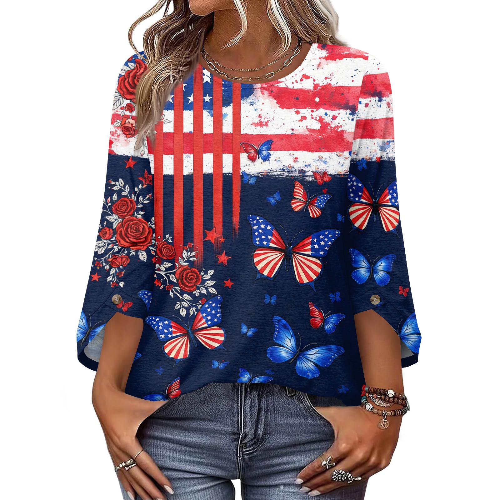 

Womens Tops 3/4 Length Sleeve Dressy Casual Blouses For Women Trendy Round Neck T Shirts L