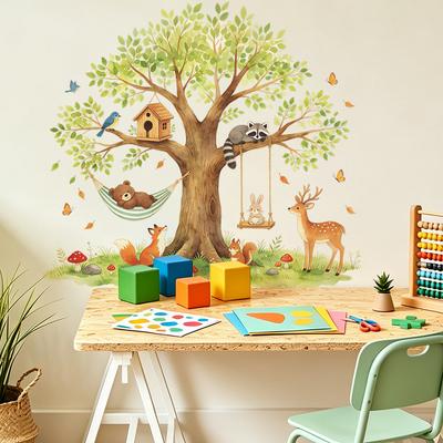 Watercolor Big Tree Forest Animals Living Room Study Room Home Wall Decoration Stickers