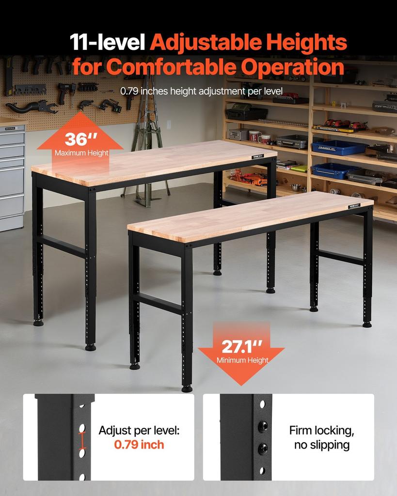 Adjustable Height Workbench 61"L x 20"W Work Bench Table with Power Outlet