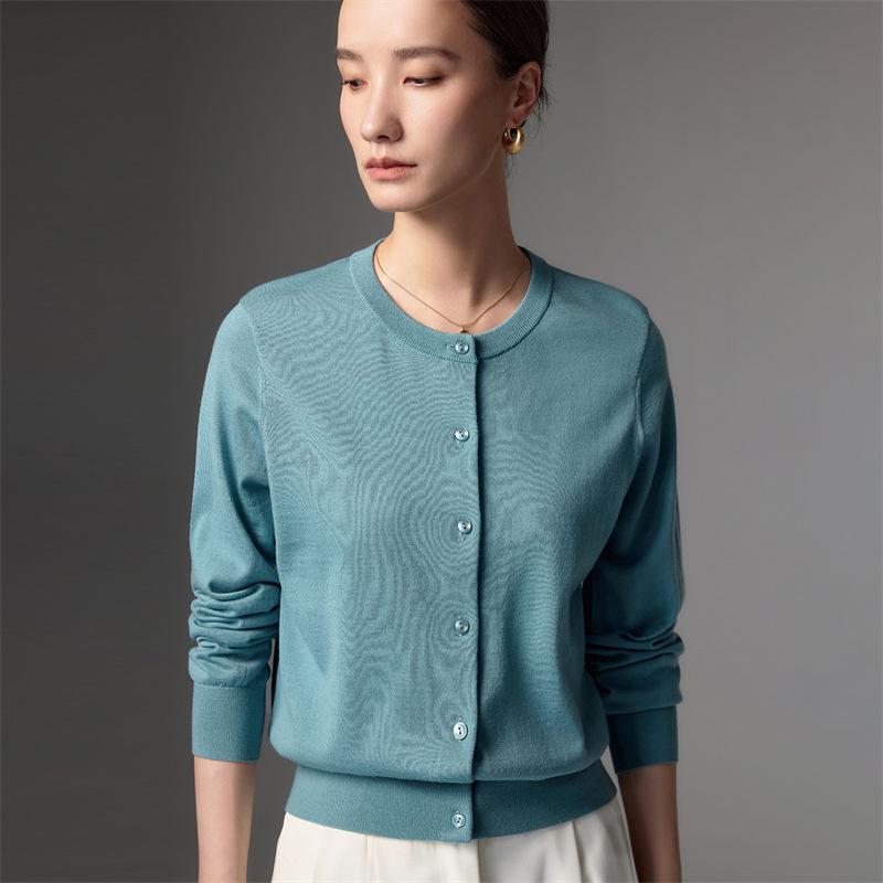 Merino Fine Spun Wool Women's Cardigan: 2026 Spring-Autumn Round Neck, Single-Breasted, Elegant Knit Sweater