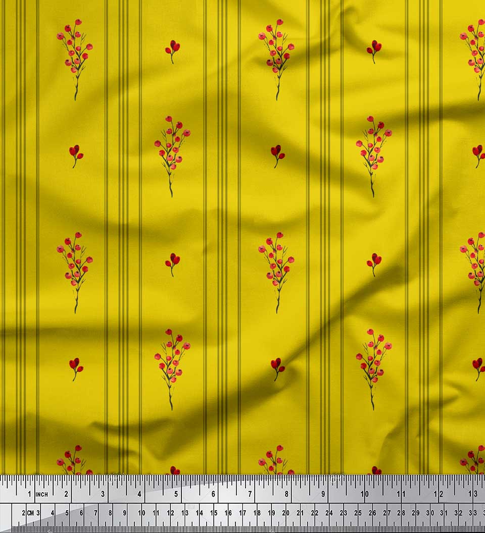 

Японська креп-атласна тканина Soimoi Green з принтом із червоними ягодами та смугами на метри 42 дюйми 42 Inch Wide - Poly Crepe жовтий