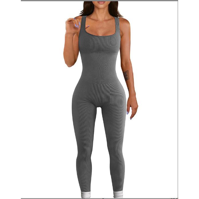 

Новый универсальный повседневный и модный женский однотонный комбинезон с квадратным воротником, сексуальный, приподнимающий бедра и облегающий спортивный комбинезон L темно-серого