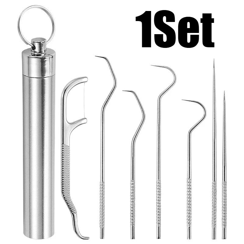 

Stainless Steel Portable Reusable Toothpick Set for Outdoor Picnic Travel with Root Cleaning Kit Durable Metal Dental Picks