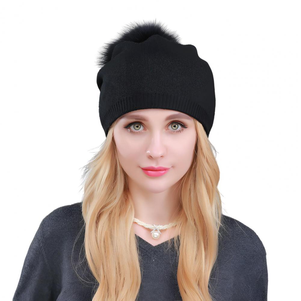 Winter Lady Hat Knitted Thick Stretchy Plush Ball Decor Solid Color Ear Warm Daily Wear Cap Outdoor Skiing Skating He
