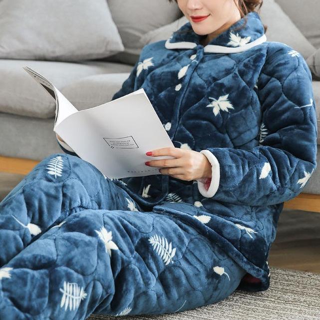 Süße warme wattierte Baumwolle kann draußen getragen werden dreilagiger Pyjama Damen Winter Loungewear verdickt saisonal große Größe