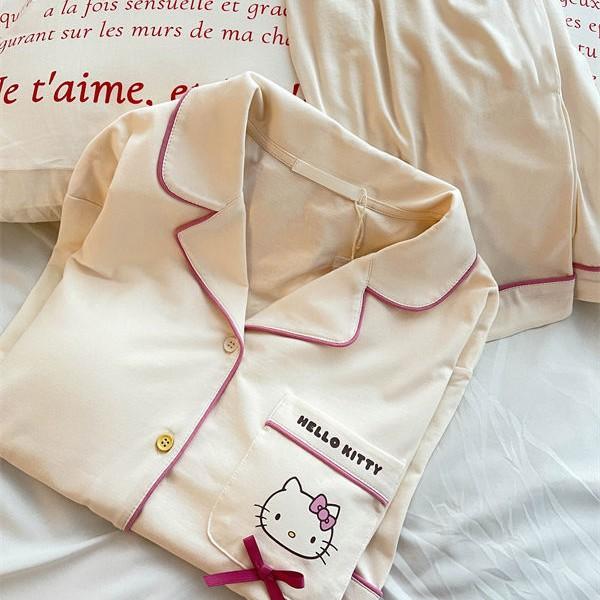 

Cute solid color pocket Hello Kitty pajamas women s summer short-sleeved shorts red edge suit can be worn outside loungewear S