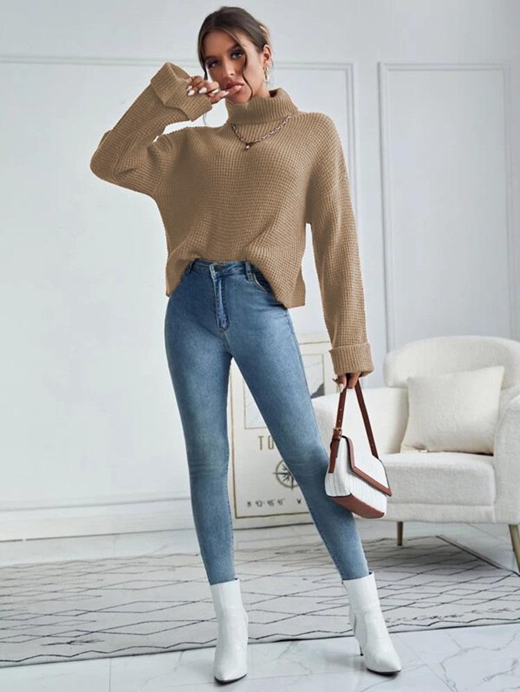 Pull à Col Haut Ample en Tricot pour Femme - Vêtement d'Extérieur Pull Décontracté Automne & Hiver