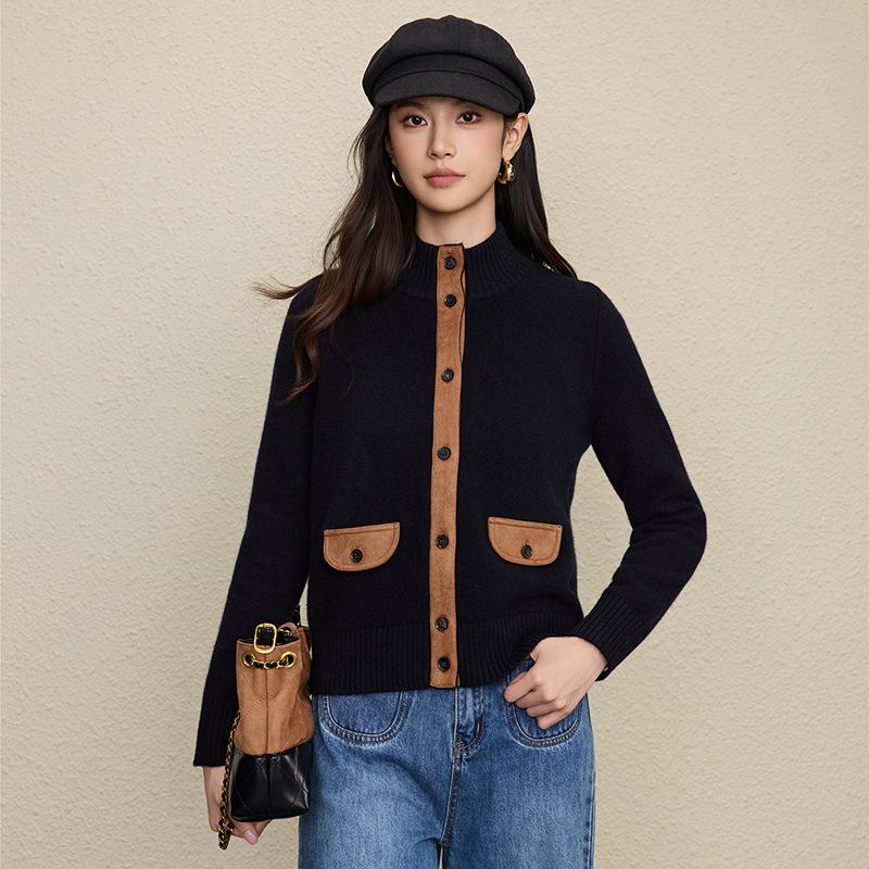 L*P Pure Wool Old Money Style Patchwork Stand Collar Cardigan Sweater Coat