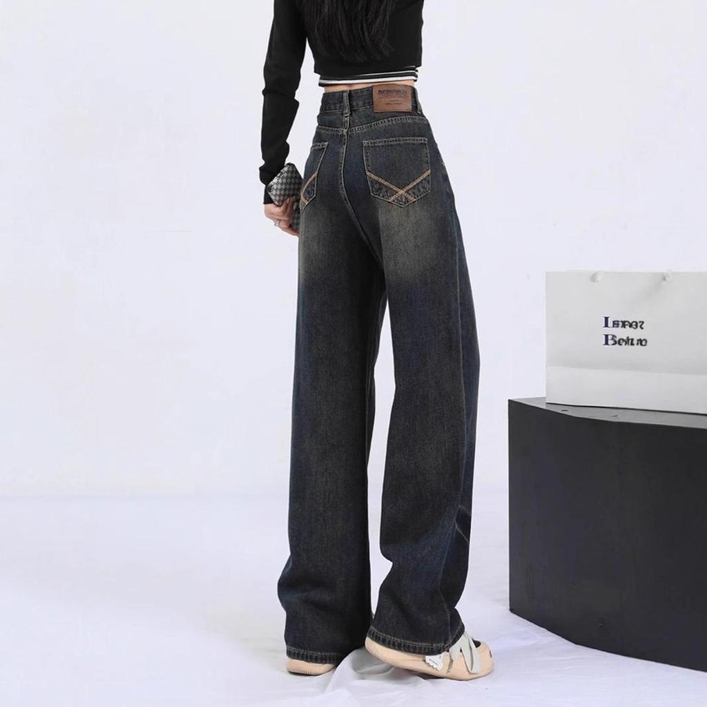 Women's Plus Size Retro Wide Leg Washed Jeans with Zipper