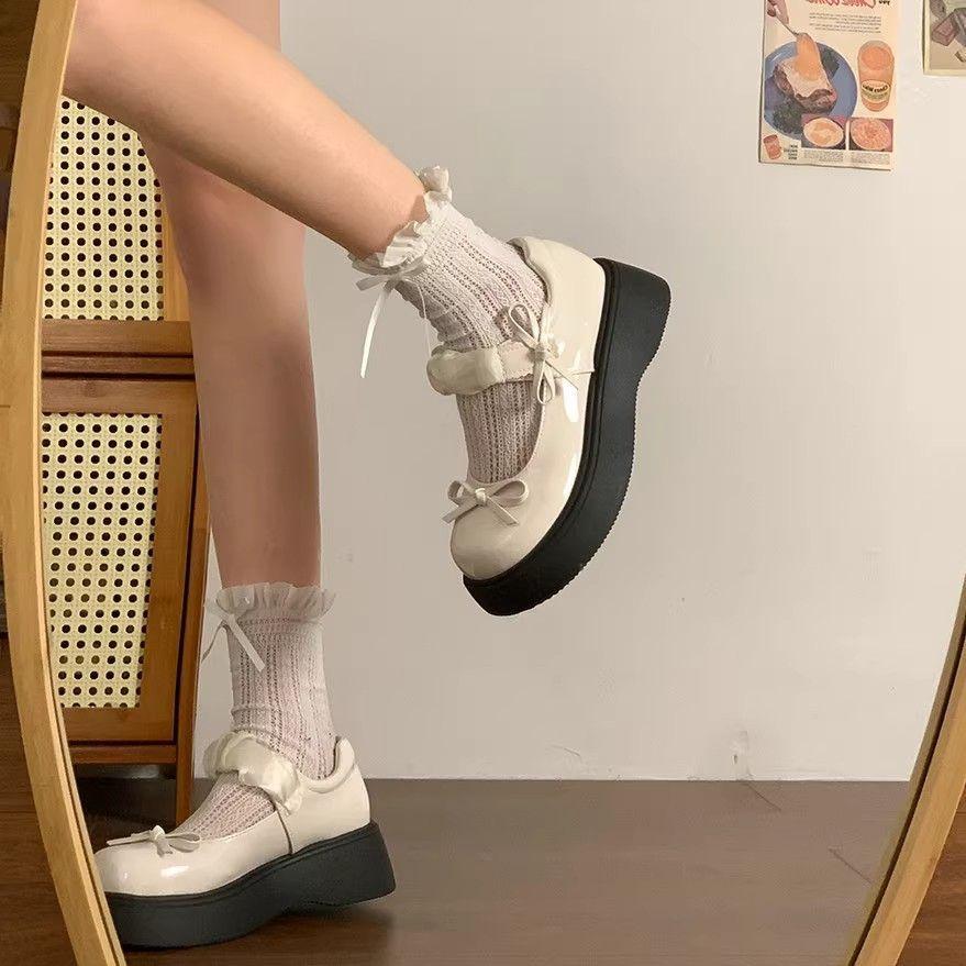 Fashion casual shallow mouth college style Mary Jane shoes women's 2025 spring and summer new platform bow small leather shoes women