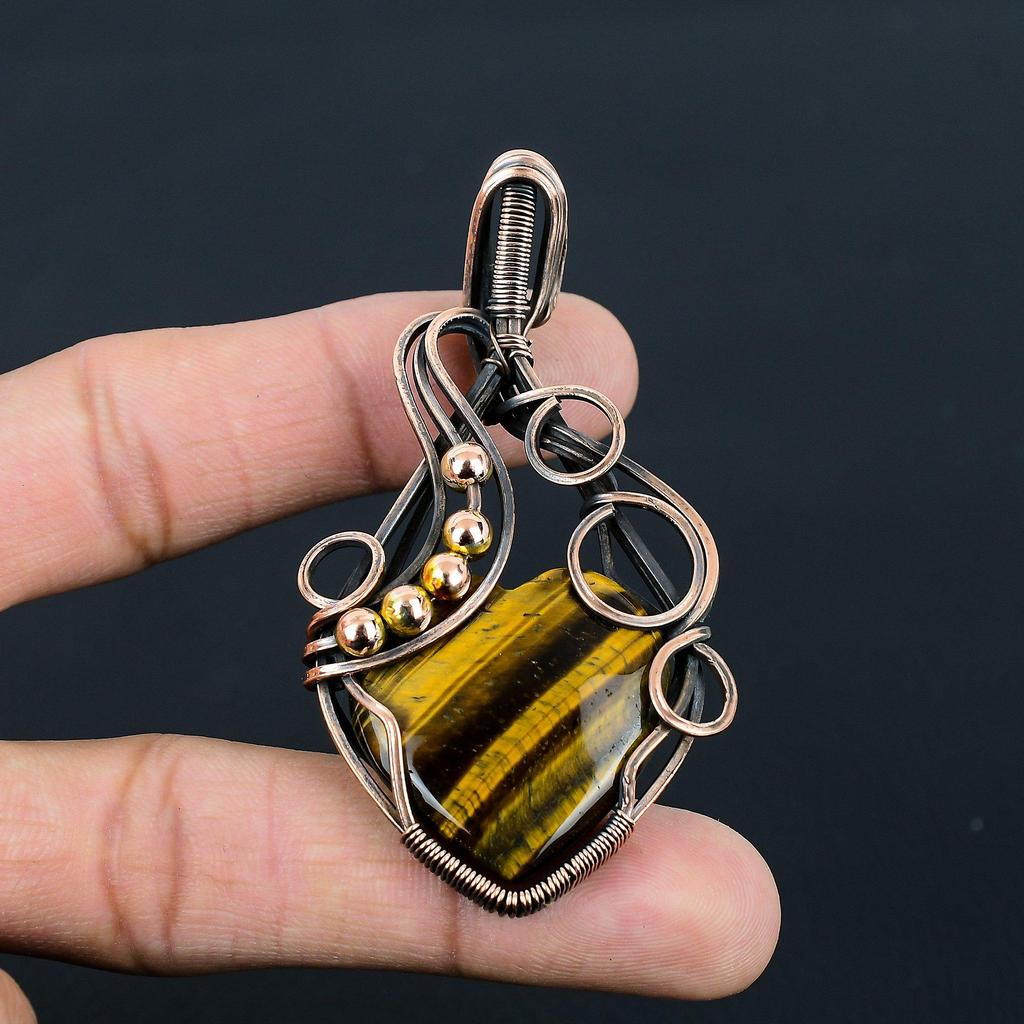 Tiger Eye Gemstone Handmade Pure Copper Wire Wrapped Pendant Jewelry For Women