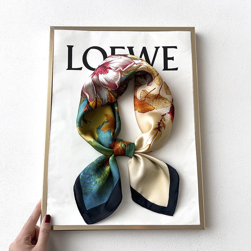 Korean Style Sweet Green Floral Butterfly Faux Silk Scarf - Women’s Versatile Spring/Summer Neck Scarf, 70cm Square.