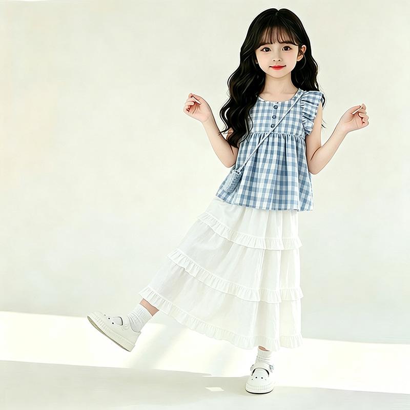 Girls Summer Plaid Cap Sleeve Top and Tiered Skirt Set