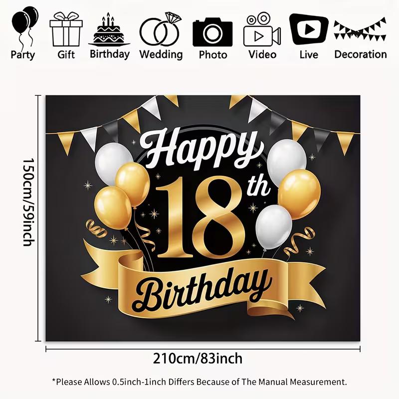 2D Elegant Black Gold 18th Happy Birthday Background Cloth with Ribbon Banner