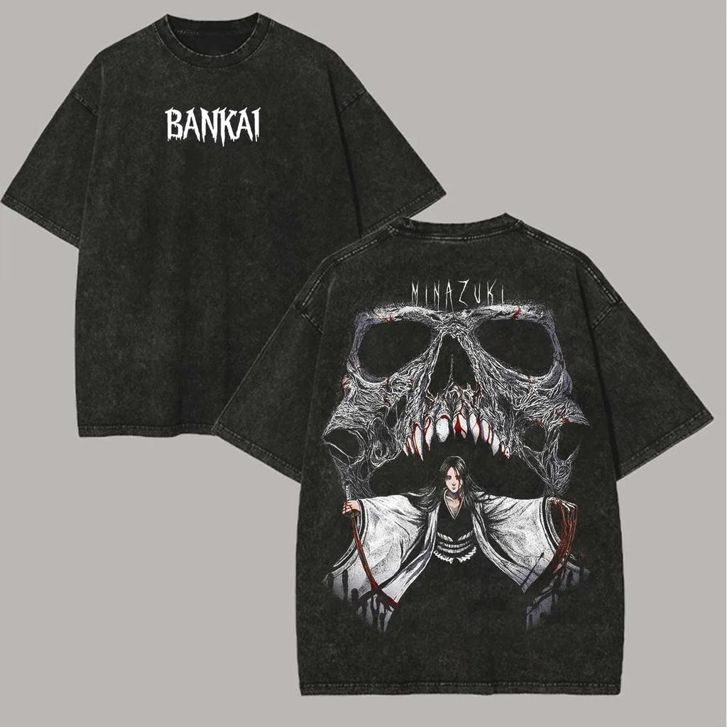 Hot-blooded Anime Bleach Kurosaki Ichigo Graphic Print T-Shirt Men Women Vintage Washed Cotton Summer New Tee Streetwear Y2K Fashion Oversized Top