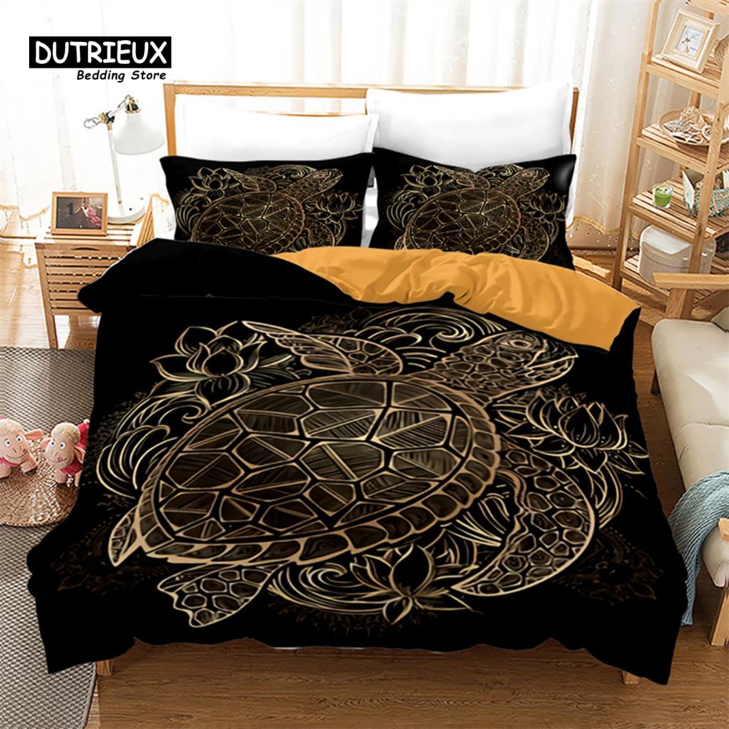 Exotic Turtle Duvet Cover Full King Microfiber Kawaii Sea Animal Comforter Cover Bohemia Tattoo Style Ocean Theme Bedding Set